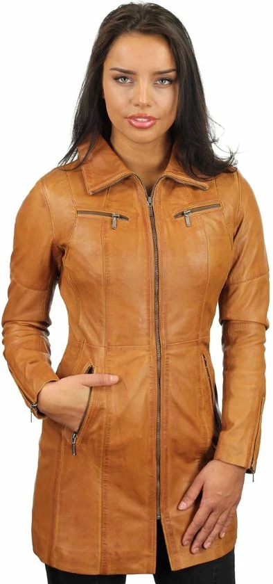 Versano Chicago Lange Leren Dames Jas XS - Cognac 1 Versano Chicago Lange Leren Dames Jas XS - Cognac