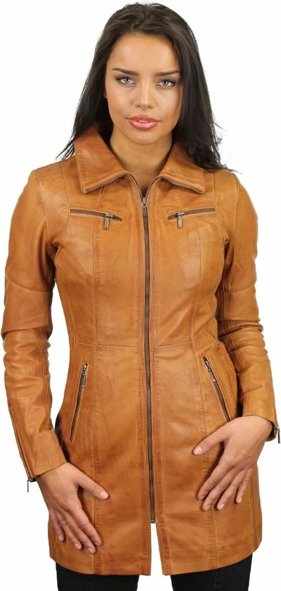 Versano Chicago Lange Leren Dames Jas XS - Cognac 3 Versano Chicago Lange Leren Dames Jas XS - Cognac - Afbeelding 3