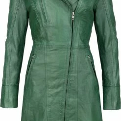 Urban 5884® - Janice - Dames - Lange Leren Jas - Lamsleer - Schuine Ritssluiting - Groen - Maat S