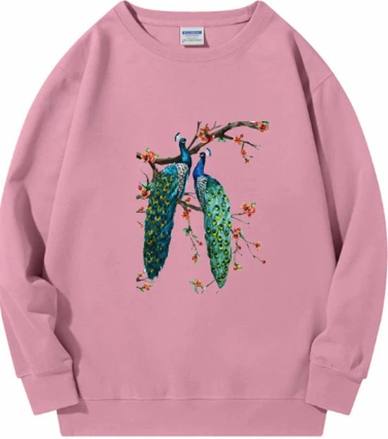 Fliex - Sweater - Roze - Pauwen - Bloemen - XXL 1 Fliex - Sweater - Roze - Pauwen - Bloemen - XXL