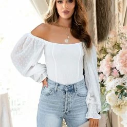 Merkloos Witte Stretch Off The Shoulder Body | Dames Bodysuit Top | Maat 42/44