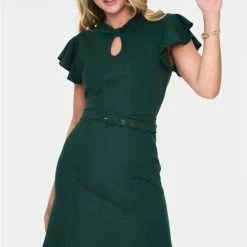 Voodoo Vixen Korte Jurk -M- Front Twist Fluffer Sleeve Groen