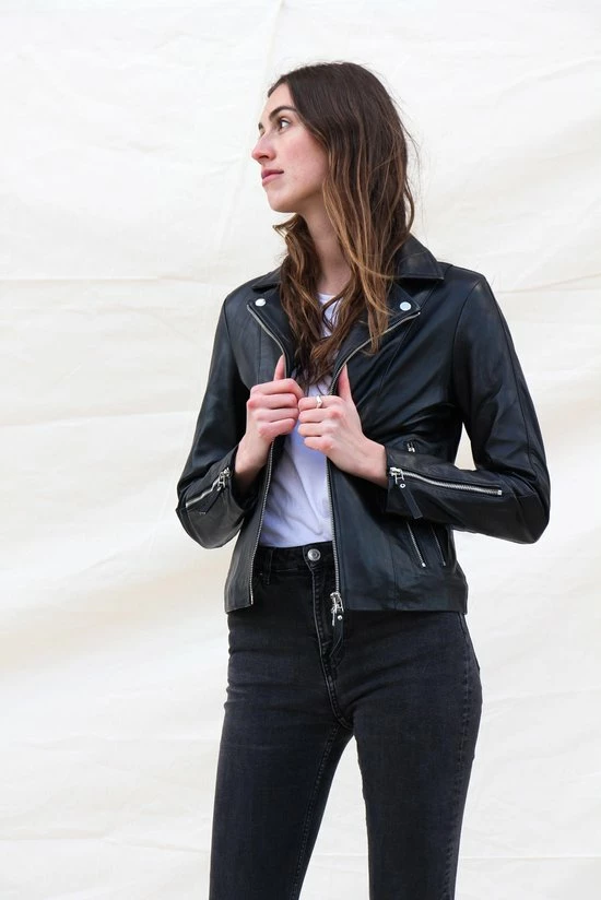 GILL'S QUEEN BLACK - Dames Leren Jas - Biker Jack - 100% Lamsleer - Zwart 3 GILL'S QUEEN BLACK - Dames Leren Jas - Biker Jack - 100% Lamsleer - Zwart - Afbeelding 3